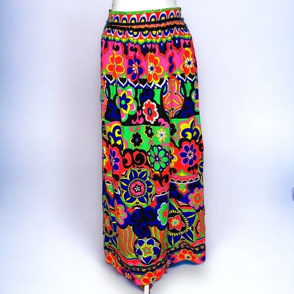Vintage Dresses & Skirts - Vintage 60s 70s neon psychedelic floral print barkcloth maxi skirt SZ S / 6